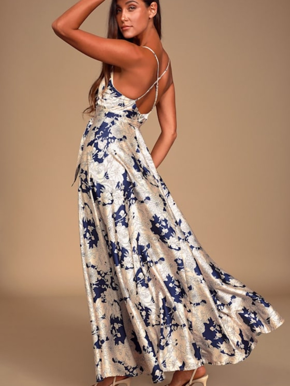 Lulus Tea Gardens Navy Blue Floral Print Satin Maxi Dress - Size XS